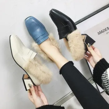 2018. gada ziemas jauno kvadrātveida galvu modes vienas kurpes savvaļas sieviešu vilnas kurpes sekla muti ērti plus samta ikdienas apavi