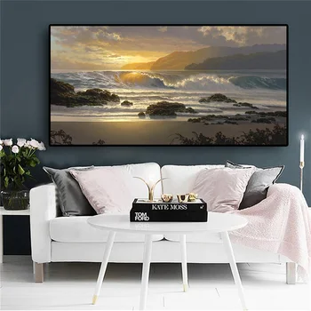 Mūsdienu Jūras Viļņu Sunset Beach Ainavas Eļļas Glezna uz Audekla Plakāti un Izdrukas Cuadros Sienas Art Attēlus Dzīvojamā Istaba
