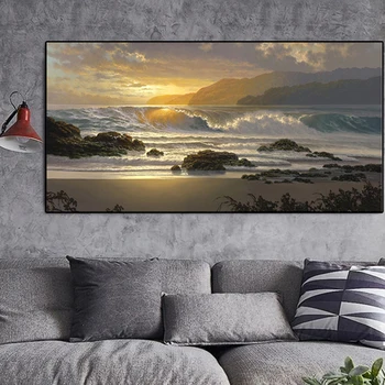 Mūsdienu Jūras Viļņu Sunset Beach Ainavas Eļļas Glezna uz Audekla Plakāti un Izdrukas Cuadros Sienas Art Attēlus Dzīvojamā Istaba