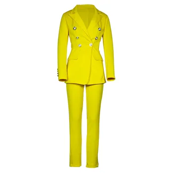 Rudenī sieviešu uzvalks bikses divdaļīga Dubultā krūtīm atlokiem Elegants rozā, dzeltenā krāsā ar garām piedurknēm dāmas žakete, jaka Ikdienas Tērps