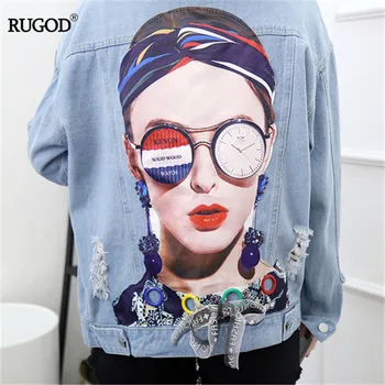 RUGOD modes rakstzīmes 3d drukas jean jaka sievietēm delikāts appliques mezgls loku īpašu džinsa mētelis streetwear gadījuma mētelis