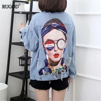 RUGOD modes rakstzīmes 3d drukas jean jaka sievietēm delikāts appliques mezgls loku īpašu džinsa mētelis streetwear gadījuma mētelis