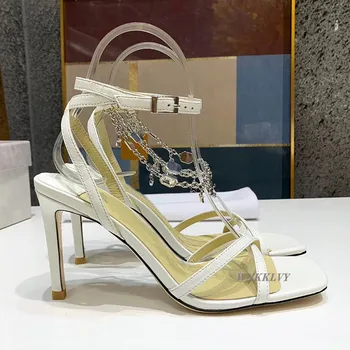 Vasaras plānas augstpapēžu sandales sieviešu balta corss jostas metāla rhinestone ķēdes dekoru potītes siksniņu, sandalias sexy puse kleita apavi
