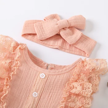 0-24M Infant Baby Girl Kokvilnas Veļu, Apģērbu Romper Vasarā Jaunu Ziedu Mežģīņu Piedurknēm Loku Jumpsuit+Galvas 2gab Tērpiem Komplekts
