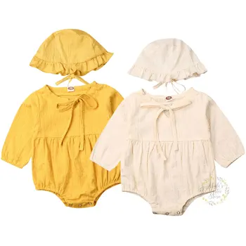 0-24M Jaundzimušā bērna Baby Girl Kombinezonus ar garām Piedurknēm Loku Vintage Jumpsuit + Ruffles Cepuru Rudens Pavasara Baby Girl Apģērbu Tērpi