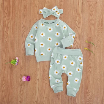 0-24M Toddler Jaundzimušā bērna Baby Girl Rudens Apģērbu Komplekts Daisy Apdrukāta Kokvilnas Top Garas bikses 2gab Tērpiem 3Colors