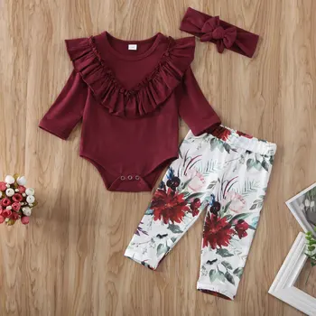0-24M Ziedu Jaundzimušā bērna Baby Meitenes Apģērbu Komplekts Toddler Ruffles Kombinezonus + Ziedu Bikses Tērpiem Rudens Pavasara Kostīmi