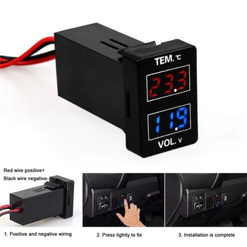 0~30V LED Ciparu Voltmetrs Temperatūras Rādītājs 2 1 Spriegums Temp Metru Sarkanā, Zilā LED Dual Display Black Automašīnas
