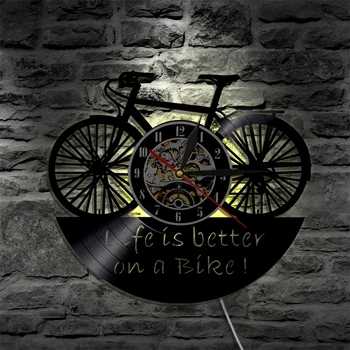 1 gab. Bike Cikla Dizaina Vinila Ieraksts Sienas Pulkstenis Dzīve Ir Labāka Velosipēds Vintage Mājas Dekoru, Sienas Mākslas Hronometrs, Pulkstenis