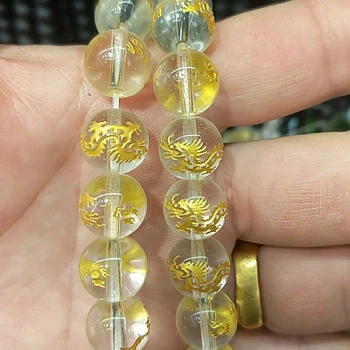 1 String 8/10/12MM Stikla Pērlītēm Melnā Krāsā Ar Zelta Pūķis Cirsts Krelles Par DIY Rotaslietas Sastāvdaļas Padarīt Aproces, Aksesuāri