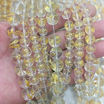 1 String 8/10/12MM Stikla Pērlītēm Melnā Krāsā Ar Zelta Pūķis Cirsts Krelles Par DIY Rotaslietas Sastāvdaļas Padarīt Aproces, Aksesuāri