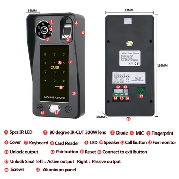 10 collu pirkstu nospiedumu IC card video durvju telefona intercom durvju drošības kamera nakts redzamības novērošanas