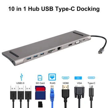 10 in 1 Multi Porti USB C centrs, lai HDMI VGA RJ45 4K USB 3.0 ar Centrmezglu, 3.0 TF SD Lasītājs Macbook Pro / C Tipa Grāmatiņa