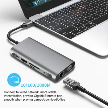 10 In 1 USb C Tipa RUMBU Sadalītāja 4K HDMI VGA RJ45 PD USB 3.0 3.5 mm Jack SD TF Kartes Lasītājam Ātru Lādētāju Doks MacBook