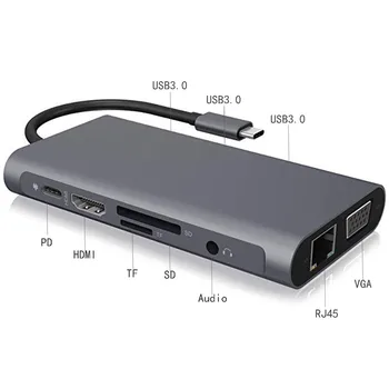 10 In 1 USb C Tipa RUMBU Sadalītāja 4K HDMI VGA RJ45 PD USB 3.0 3.5 mm Jack SD TF Kartes Lasītājam Ātru Lādētāju Doks MacBook