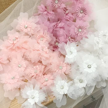 100 gabali 3D centrs fāzēm šifona ziedu mežģīņu aplikācijas off white putekļainās sārta līgavas matu ziedu baby girl dress