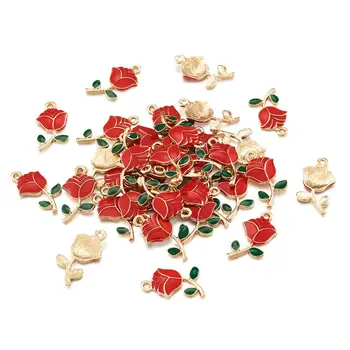 100gab Sakausējuma Emaljas Sarkanu Rožu Ziedu Šarmu, Kuloni Par DIY Aproce Aproces Auskari Rotaslietu izgatavošana Piederumi