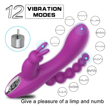 12 Funkcijas Uzlādējams Trušu Vibrators G-spot un P vietas Anālais Vibrators Triple Līkne Clit Stimulators Dildo Vibrators Sievietēm