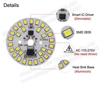 15W 44mm ac 220v led pcb SMD2835 3w 5w 7w 9w 12w integrētu ic vadītāja, Led smart IS SMD, Led Gaismas Avots LED Spuldzes
