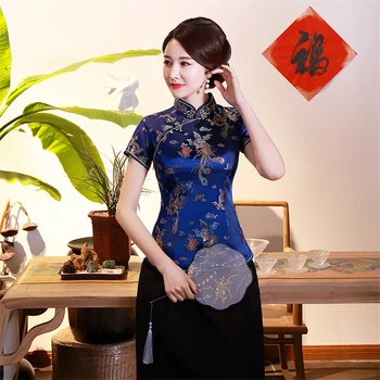 16Color Tradicionālā Ķīniešu Apģērbi Sievietēm Top Satīna Retro Īsām Piedurknēm Qipao Vintage Vakarā Cheongsam Tērpus S-4XL