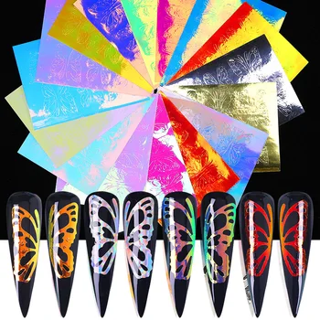 16pcs/set Hologrāfiskā luksusa logo Nagu Vinila Uzlīmes Spīguļi, Lāzera Liesmas Nail Art Folija Pārsūtīt Decal Uzlīmes Dekorācijas Komplekts
