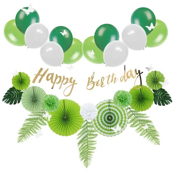 17pc Zaļa Balta Dzimšanas dienas svinības Apdares Komplekts Happy Birthday Banner Palmu Lapām Tauriņš Sienas Uzlīmes, Papīrs Fani Pom Pom
