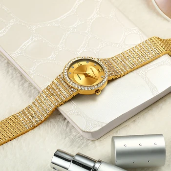 18K Zelta Skatīties Sieviešu Pulksteņi CRRJU Sieviešu Modes Skatīties Dāmas Skatīties Luksusa Zīmolu Dimanta Kvarca Zelta Rokas pulksteni Dāvanas Sievietēm