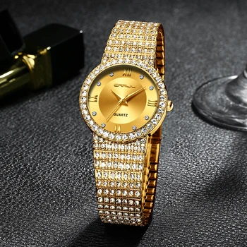 18K Zelta Skatīties Sieviešu Pulksteņi CRRJU Sieviešu Modes Skatīties Dāmas Skatīties Luksusa Zīmolu Dimanta Kvarca Zelta Rokas pulksteni Dāvanas Sievietēm