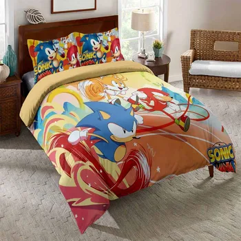2/3 Gabalu Sonic Gultas Komplekts Ezis Sega sedz, 3D Druka Luksusa Gulta Sega Vāks Bērniem, Pieaugušajiem Bed Cover Set(Bez Lapām)