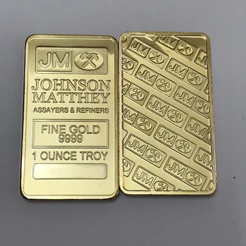 2 gab Nav magnētisko Johnson Matthey JM zelta monētas 1 OZ misiņa pamata 24K apzeltīts žetons veidnes 50 mm x 28 mm apdares bārs