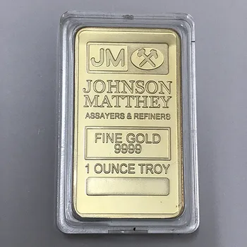 2 gab Nav magnētisko Johnson Matthey JM zelta monētas 1 OZ misiņa pamata 24K apzeltīts žetons veidnes 50 mm x 28 mm apdares bārs