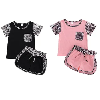 2 Gabali Bērniem Zēnu Uzvalku Kopa Čūskas Ādas Print Drēbes Cute Baby Meitenes Apaļu Kakla Īsām Piedurknēm T-Krekls+Šorti Bikses Black/Pink 1-6Y