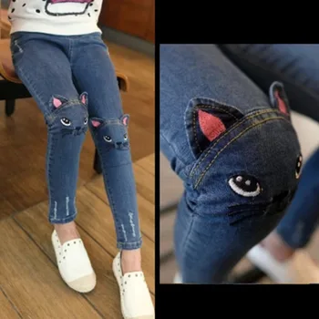 2018 Baby Meiteņu Džinsi 3D Multfilmas Bērniem Jeans Pavasara Rudens Jauki Kaķu Bērnu Bikses Gadījuma Bikses Bērniem Gudrs Meiteņu Bikses