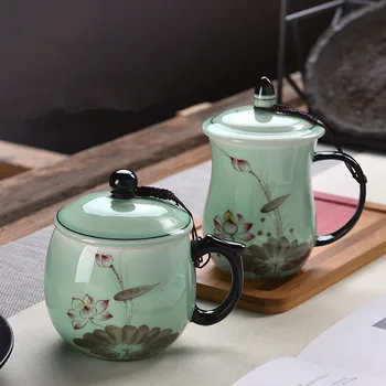 2018 Jaunas Ielidošanas Ķīniešu Stilā Lotus Tējas Krūzes ar Vāku, zaļpelēka krāsa Porcelāna Filtrs tējas tases ūdens pudeli, Biroja Drinkware Dāvanu