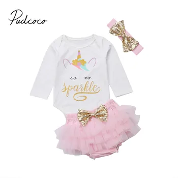 2018 Pavisam Jaunu Jaundzimušā bērna Baby Girl Rudens Princese Drēbes 3PCS Unicorn Drukāt Balts Romper Topi+Mežģīnes Priekšgala PP Bikses+Galvas stīpa