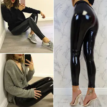 2018 Sieviešu Sexy Melnas Bikses Slim Mīksto Strethcy Spīdīgu Slapjš Izskatās, Mākslīgās Ādas Stulpiņi