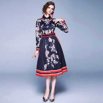 2019 flora Rudenī Skrejceļa Modes Ziedu Drukāt garām Piedurknēm Sievietēm Lady Puse Gadījuma-Line Kleitas dizainers