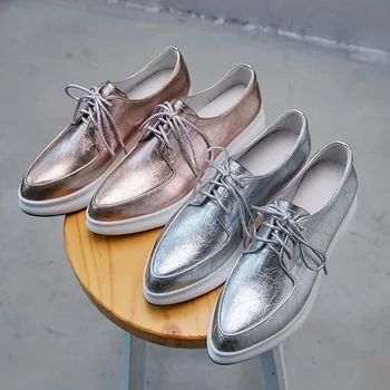 2019. gada Pavasara sievietes platformas kurpes dāmas Īstas Ādas dzīvoklis Norādīja toe kurpes sieviešu mežģīnes up ikdienas apavi mokasīni rāpulis