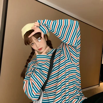 2019. gada Rudens Drēbes Sievietei T krekls korejiešu Stilā Ulzzang Harajuku Svītrainām garām Piedurknēm T-krekli, Sieviešu Ikdienas O-veida kakla Topi Tshirt