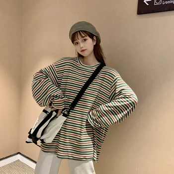 2019. gada Rudens Drēbes Sievietei T krekls korejiešu Stilā Ulzzang Harajuku Svītrainām garām Piedurknēm T-krekli, Sieviešu Ikdienas O-veida kakla Topi Tshirt