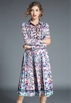 2019. gada Rudens Garš Krekls, Kleita Sieviešu Kārtas-Apkakle ar garām Piedurknēm Dizainers Skrejceļa Kleita Rozā Ziedu Drukāt Gadījuma Kroku Kleita