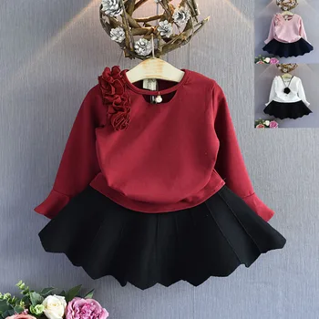 2019. gada Rudens jaunums Meitenes Drēbes Uzvalku garām piedurknēm Krekls, Svārki 2 Gabals Uzvalks Pērļu Ziedu Bērna Drēbes Izlīdzināšanu Piedurknēm Uzvalks