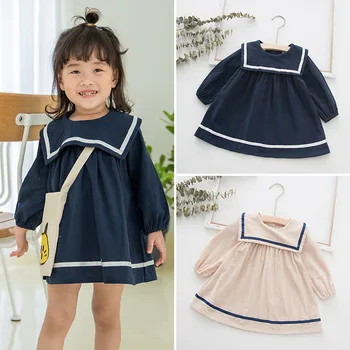 2019. gada rudenī bērnu apģērbs mazulim meitene navy atloks kokvilnas kleita bērni koledžas lanter piedurknēm kleitas