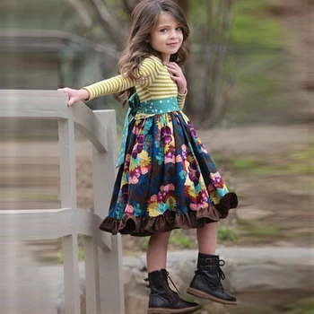 2019. gada Rudenī Jaunās Meitenes garām piedurknēm Kleita Modes Svītrainām Krekls Ziedu Svārki Pildspalvu Britu Palace Vēja Princese Kleita No 4-12 Gadiem