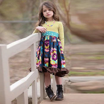 2019. gada Rudenī Jaunās Meitenes garām piedurknēm Kleita Modes Svītrainām Krekls Ziedu Svārki Pildspalvu Britu Palace Vēja Princese Kleita No 4-12 Gadiem