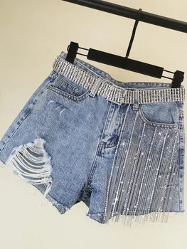 2019. gada vasaras jaunā modes džinsi, bikses, plaša kāju smags darbs sievietēm karstā urbšanas pušķis caurumu augsto vidukli, īsu džinsa