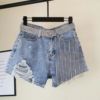 2019. gada vasaras jaunā modes džinsi, bikses, plaša kāju smags darbs sievietēm karstā urbšanas pušķis caurumu augsto vidukli, īsu džinsa
