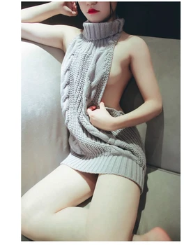 2019. gada Vasarā Jaunu augstu uzrullētu apkakli bez Piedurknēm Ilgi Virgin Killer Džemperis Japanes Trikotāžas Sexy backless Sieviešu Džemperi Un Puloveri,