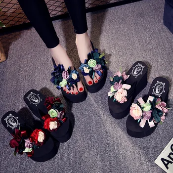 2019. gada vasarā jaunu roku darbs rožu augstpapēžu čības flip flops luksusa ziedu platformas gudrs dāmas pludmales sandales sieviešu kurpes C0634