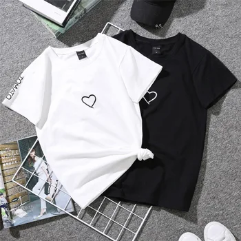 2019. Gada Vasarā Pāri Mīļotājiem T-Krekls Sievietēm Gadījuma Balts Tops Tshirt Sieviešu T Krekls Mīlestības Sirds Izšuvumu Print T-Krekls Sieviešu